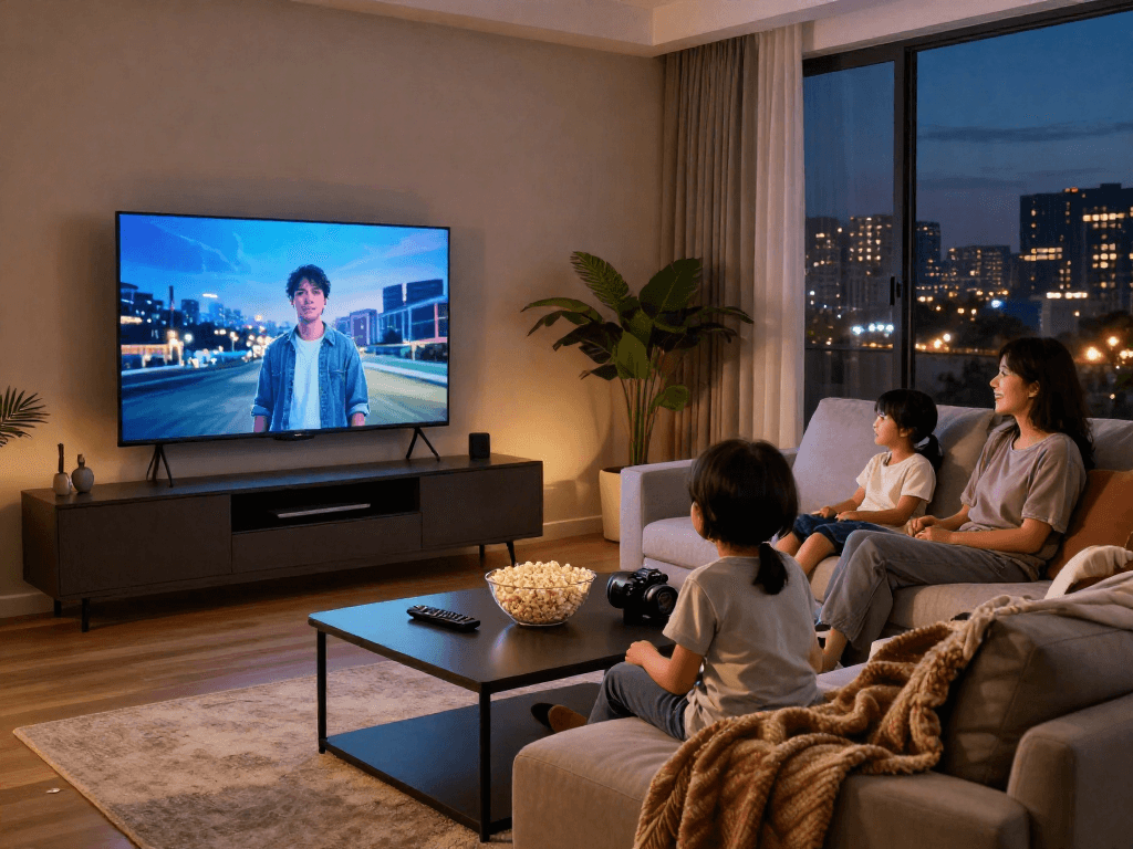 Family enjoying movie night around the Iron TV in a cozy living room.