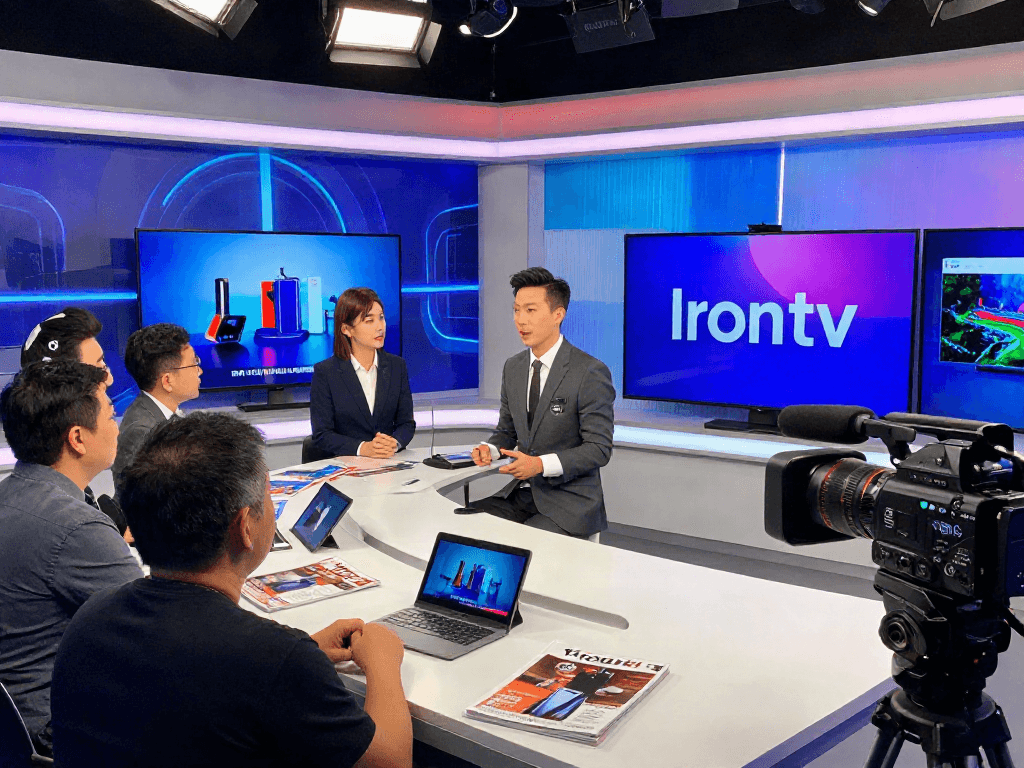 Scène de télévision dynamique avec présentateur parlant de Iron tv dans un studio moderne.