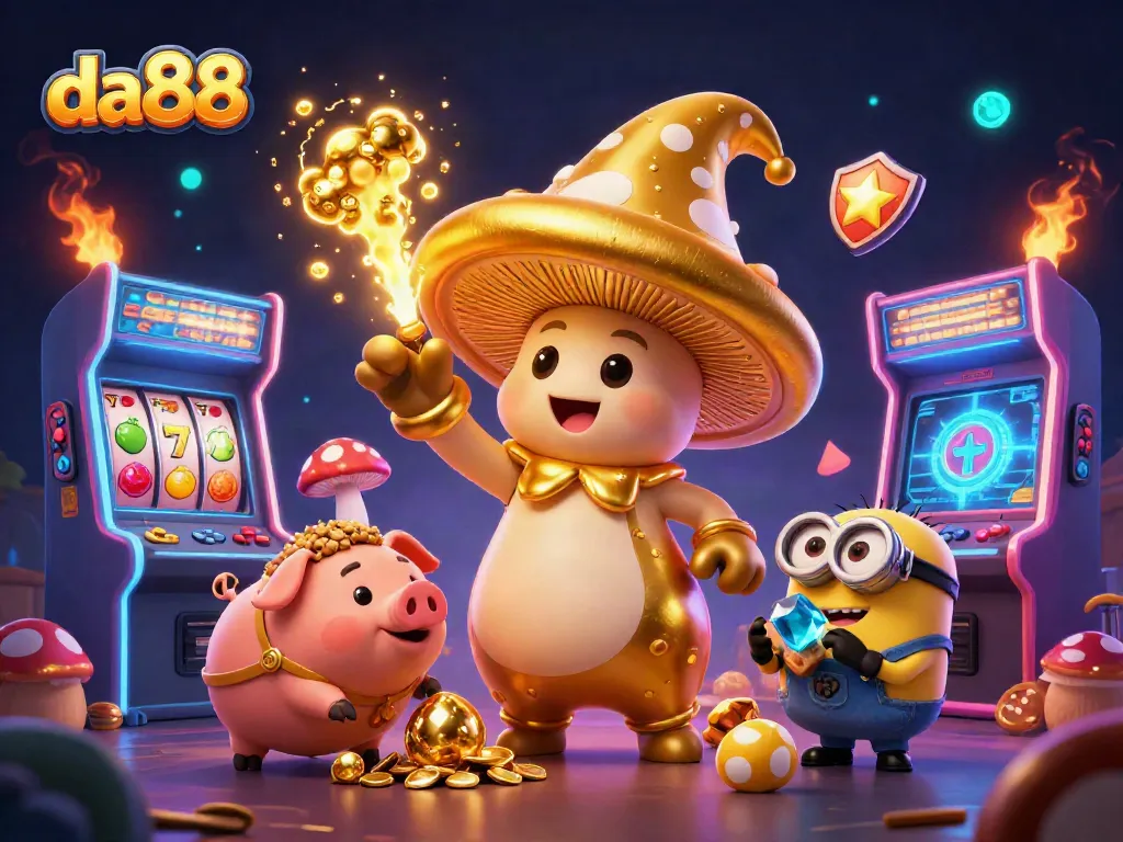 Engage with da88's vibrant casino atmosphere featuring golden magical elements and slot reels.