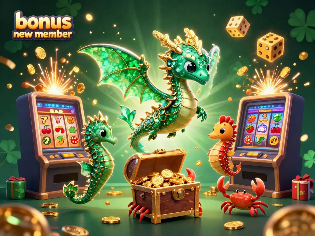 Engage in the thrilling world of online gaming with our bonus new member, featuring colorful slot reels and a vibrant casino atmosphere.