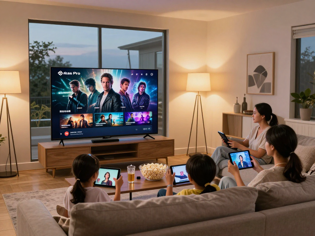Une famille profitant d'Atlas Pro ONTV dans un salon moderne, regardant un film.