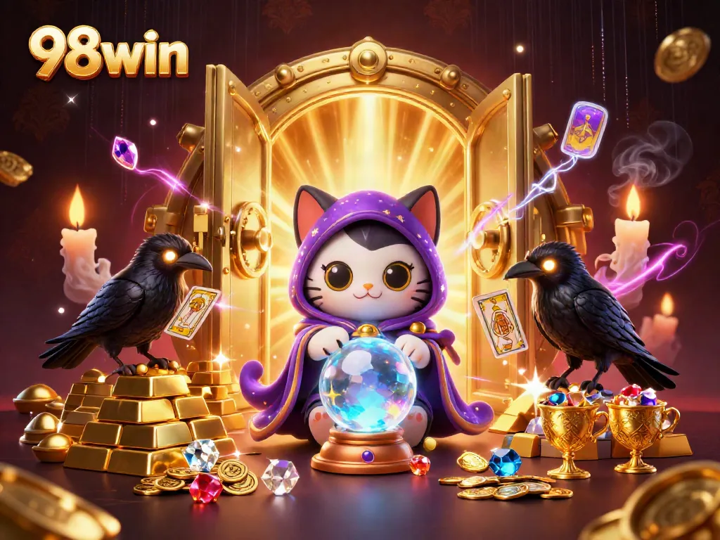 Experience thrilling fortune and excitement with 98win's mystical cat and tarot elements in this vivid casino scene.