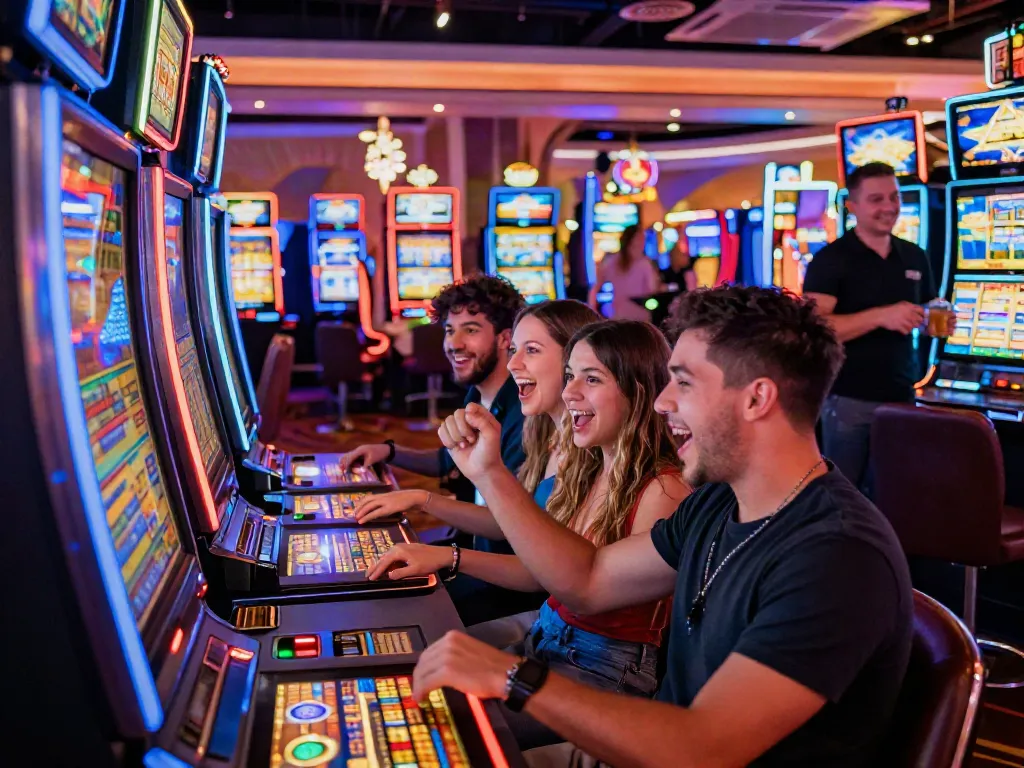 Joueurs profitant des machines à sous dans un Casino Gratuit animé.