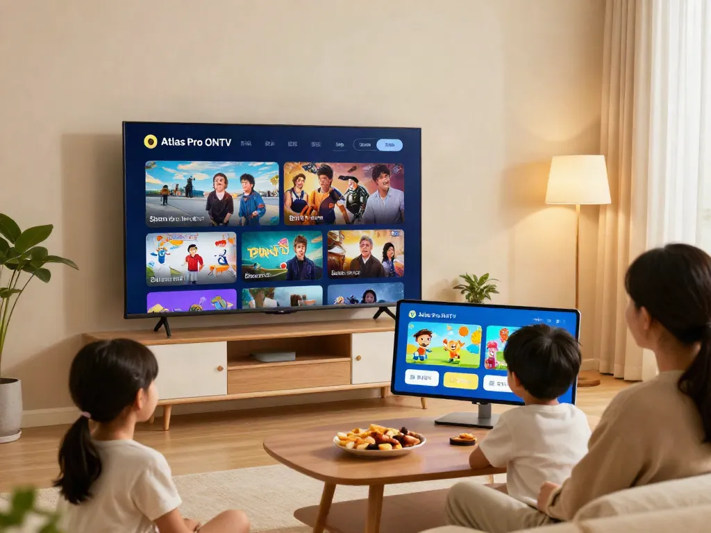 Famille profitant d'Atlas Pro ONTV dans un salon moderne avec une télévision intelligente.