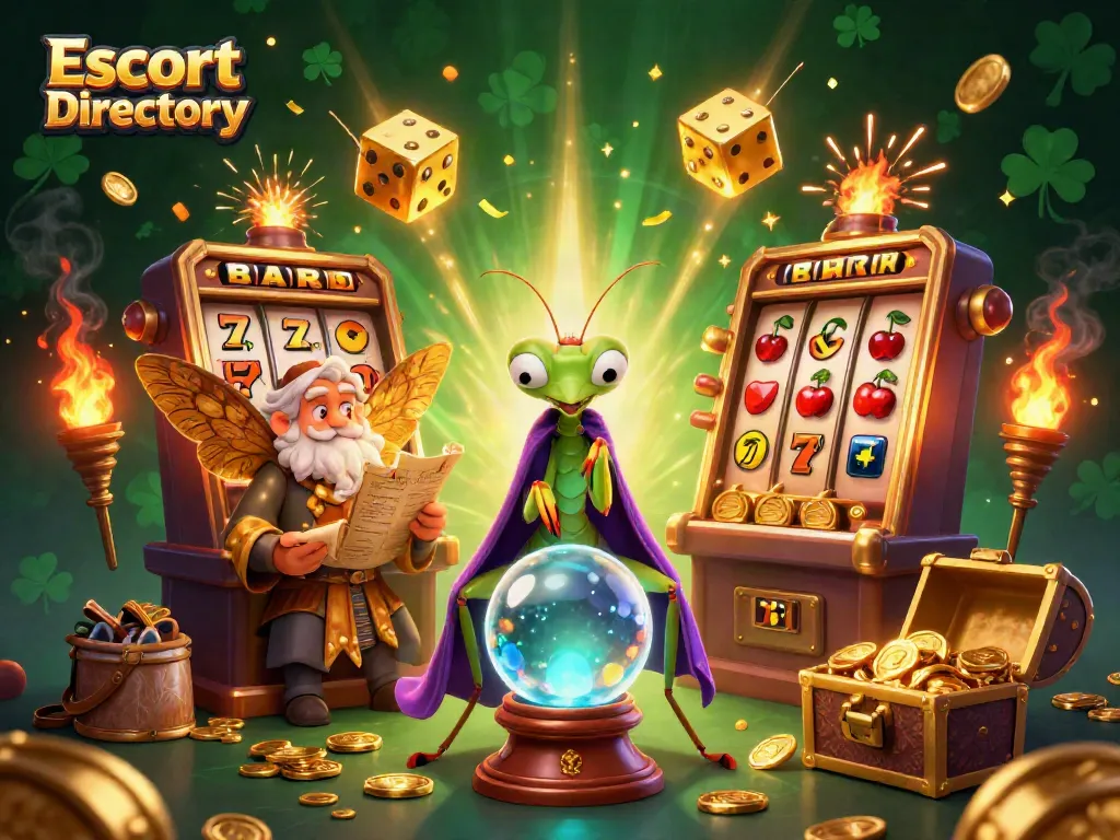 Engage with the Escort Directory featuring vibrant 3D characters amidst a casino-themed explosion of slot symbols, coins, and treasures.