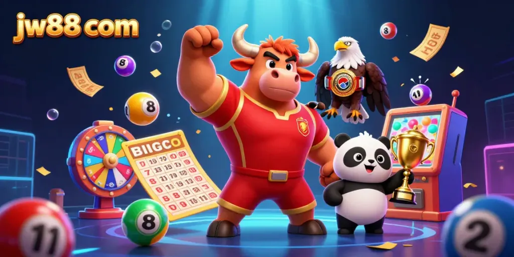 Experience victory with jw88 com as a cartoon bull mascot, eagle, and panda amidst dynamic lottery and casino elements.
