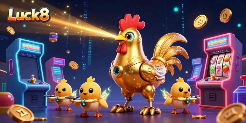 Experience the excitement of Luck8 with a 3D retro-futuristic golden rooster robot and game elements.