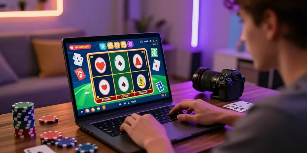 Un joueur de casino en ligne sans dépôt sur un ordinateur portable entouré d'éléments de jeu colorés et lumineux.
