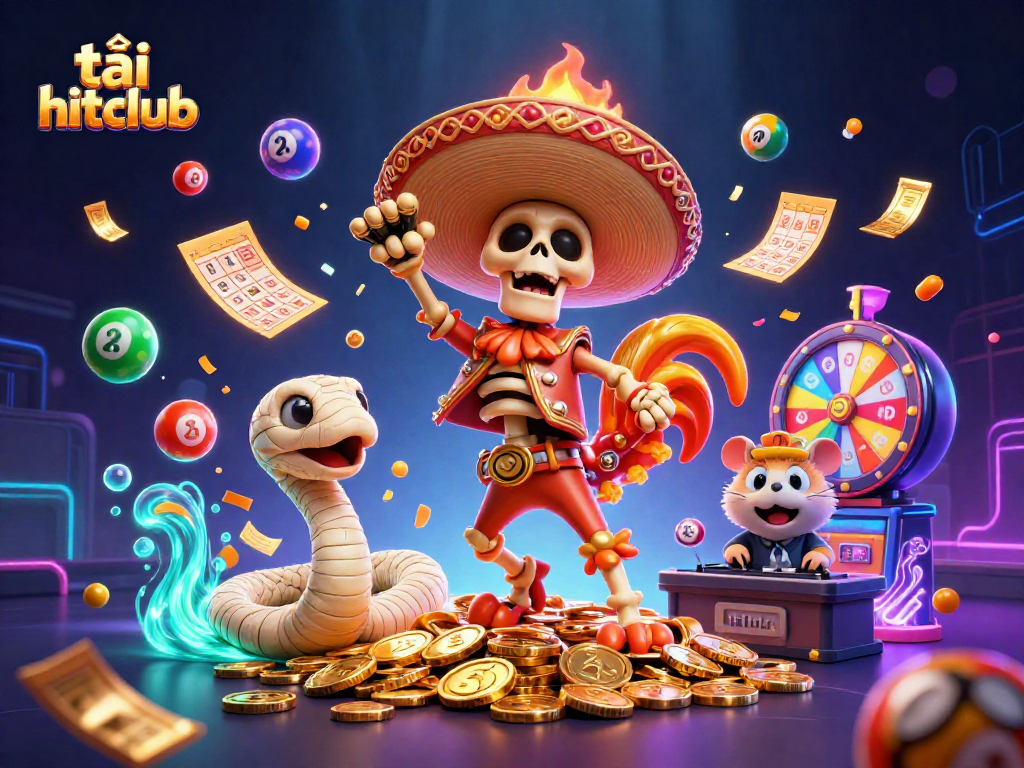 Join the celebration with tải hitclub, featuring vibrant lottery balls and dynamic casino elements.