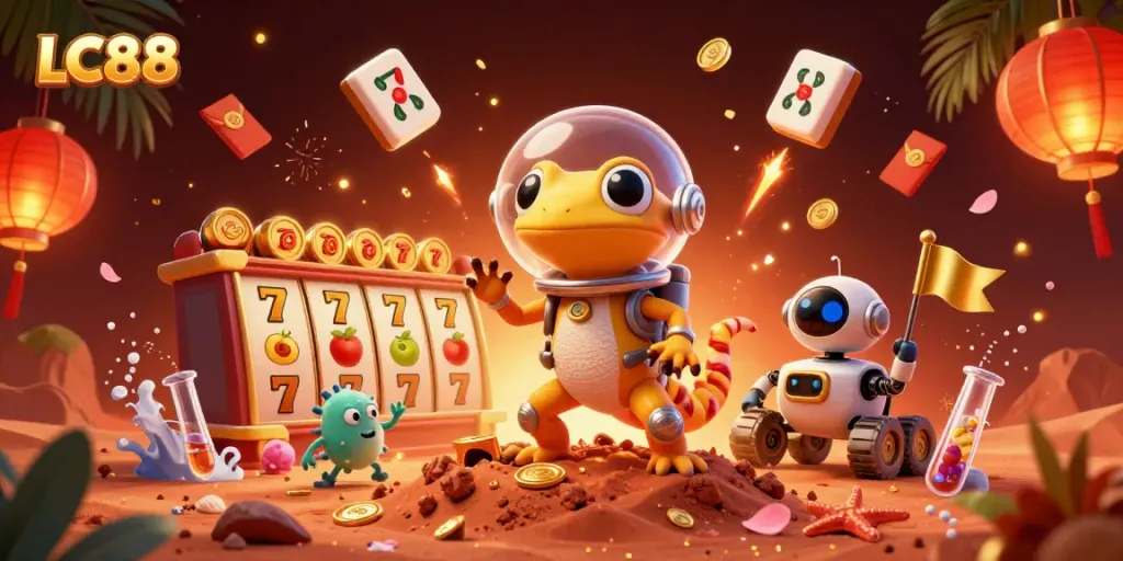 Experience thrilling slots with LC88 as the Martian gecko unveils a golden casino on Mars.