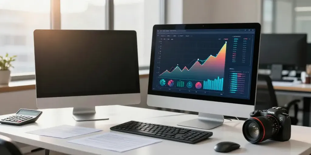 Le Journal Financier : analyste financier examinant des tendances de marché avec des graphiques sur un écran d'ordinateur.