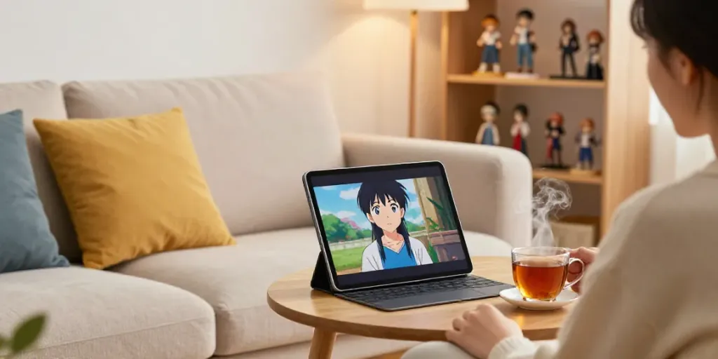 Personne regardant Senpai Stream For iOS sur une tablette dans un salon confortable.