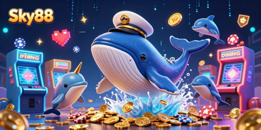 Sky88 captures thrilling moments with 3D cartoon whale, narwhal, and dolphins in a vibrant casino scene.