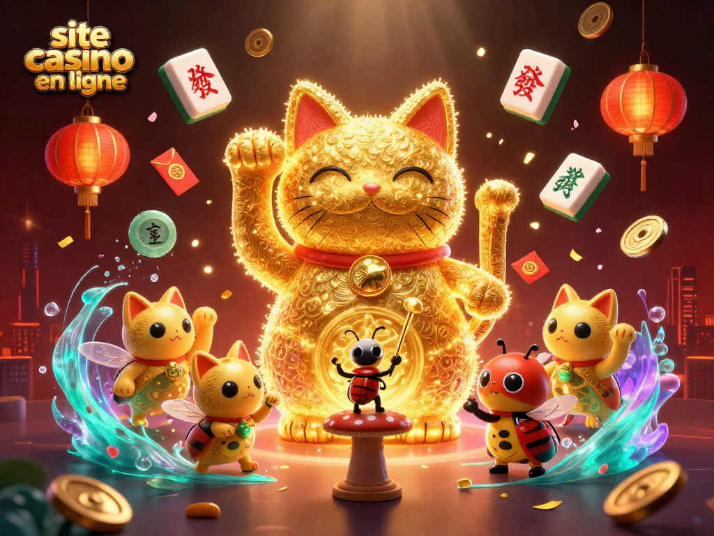 Ressentez des jeux excitants sur le site casino en ligne avec des feux d'artifice et un chat chanceux en 3D.