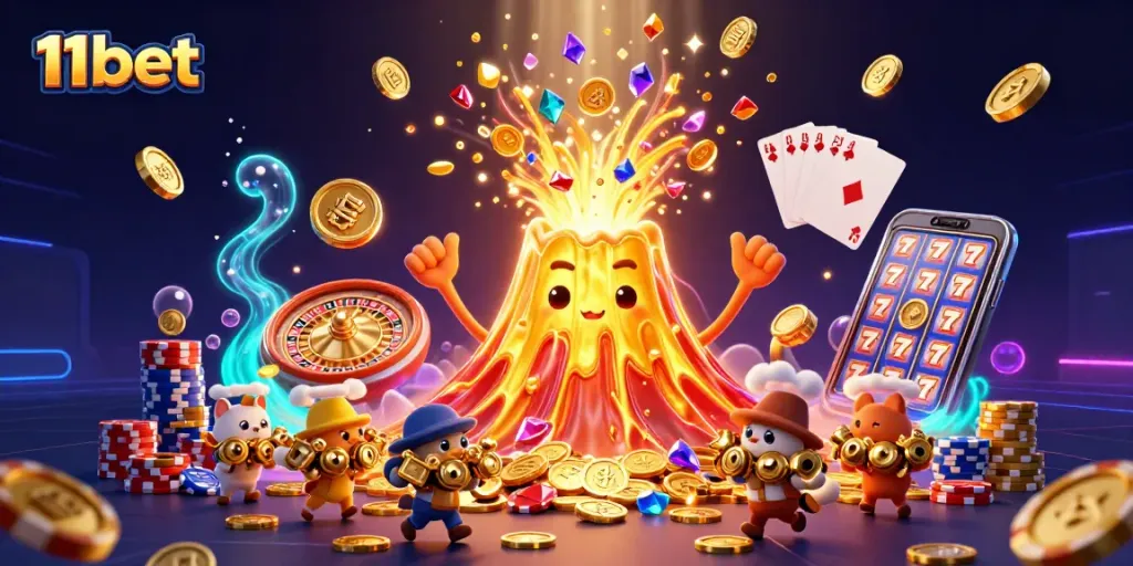 Experience the thrill of 11bet with a dynamic 3D casino illustration featuring a winning golden volcano!