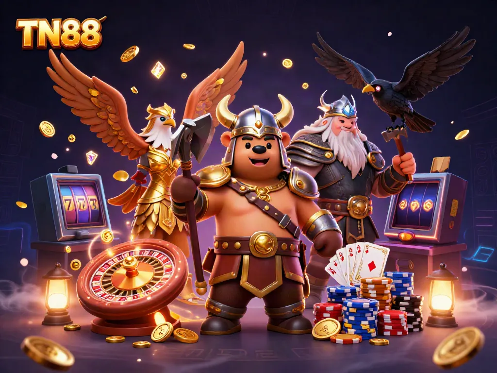 Experience thrilling action with TN88 in a vibrant, dynamic casino scene featuring epic gaming characters.