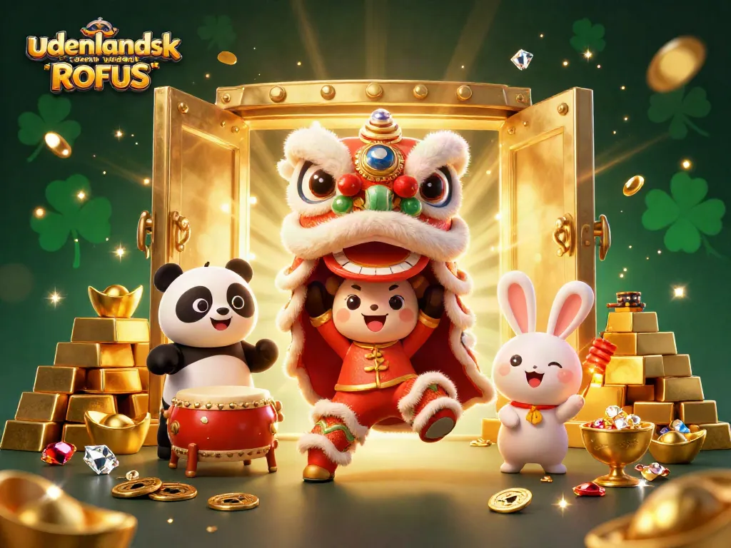 Engage with udenlandsk casino uden ROFUS showcasing a vibrant lion dance amidst treasures.