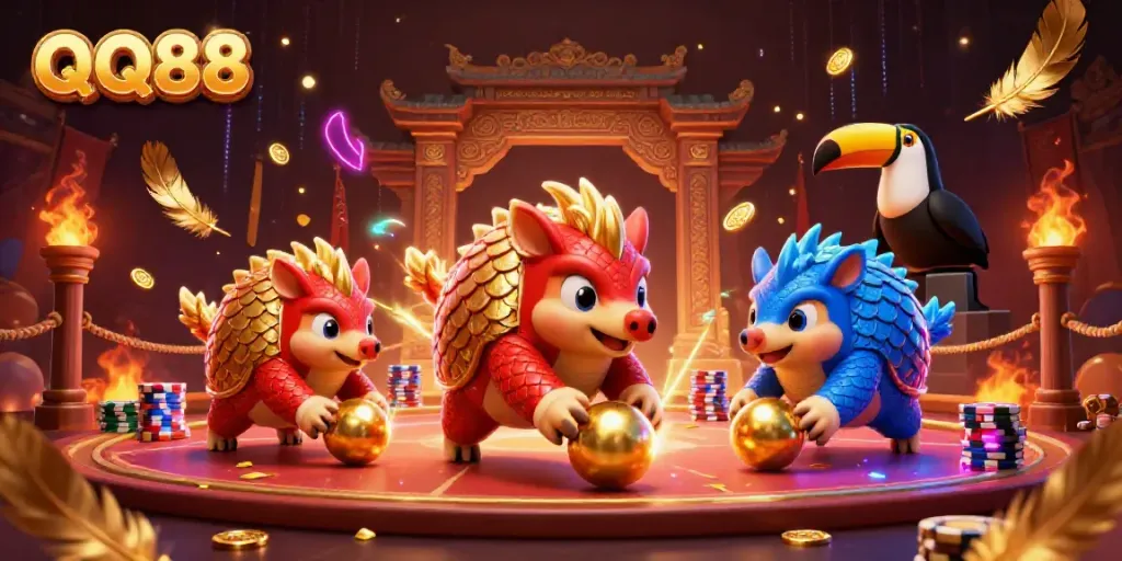 Engage in a thrilling QQ88 gambling showdown with vibrant pangolins and festive casino elements.