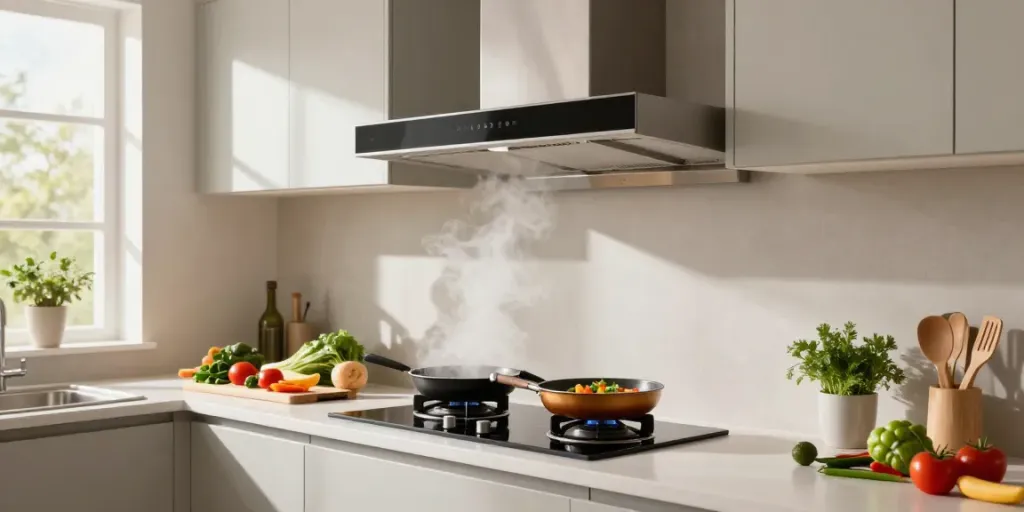 Hotte aspirante sans évacuation en action dans une cuisine moderne, mettant en valeur des ingrédients frais et l'ambiance chaleureuse.