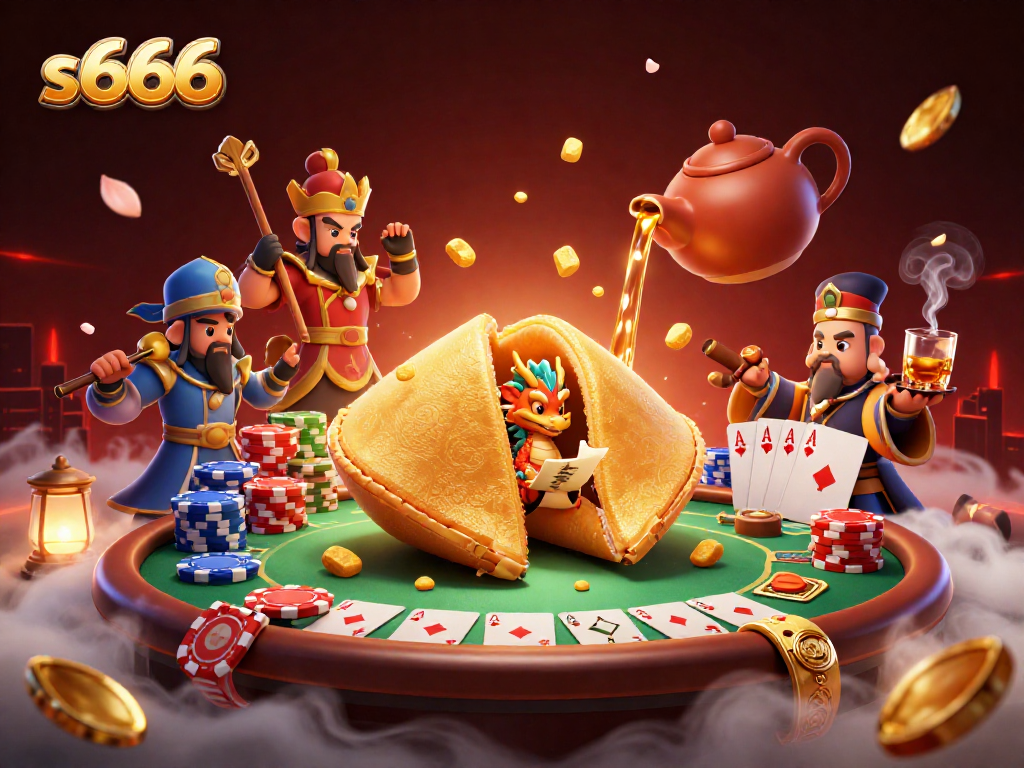 Engage in thrilling gameplay at s666 with a giant fortune cookie, wise dragon, and poker elements.