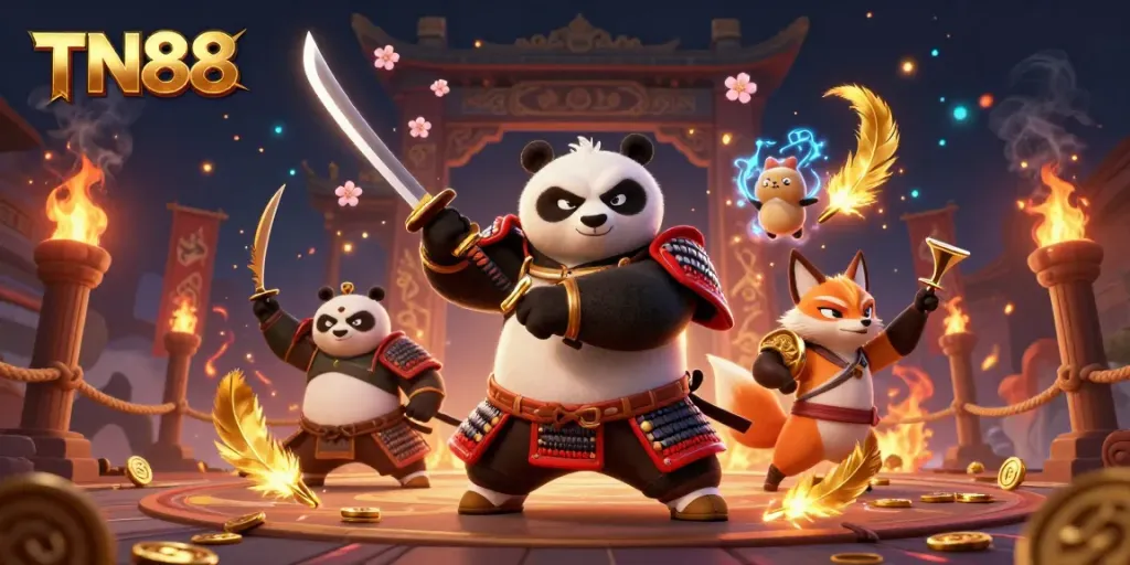 Engage in thrilling gameplay at TN88 with samurai panda and ninja fox in an exciting casino setting.