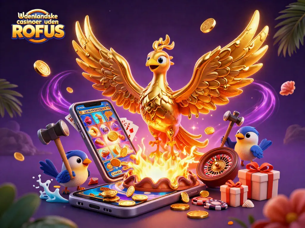 Engage in udenlandske casinoer uden ROFUS with a dynamic scene showcasing a golden phoenix and slot games.