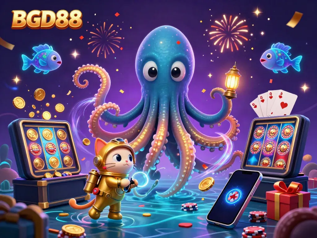 Join the excitement at BGD88 with a dynamic casino scene featuring a kraken and a diving cat surrounded by games.