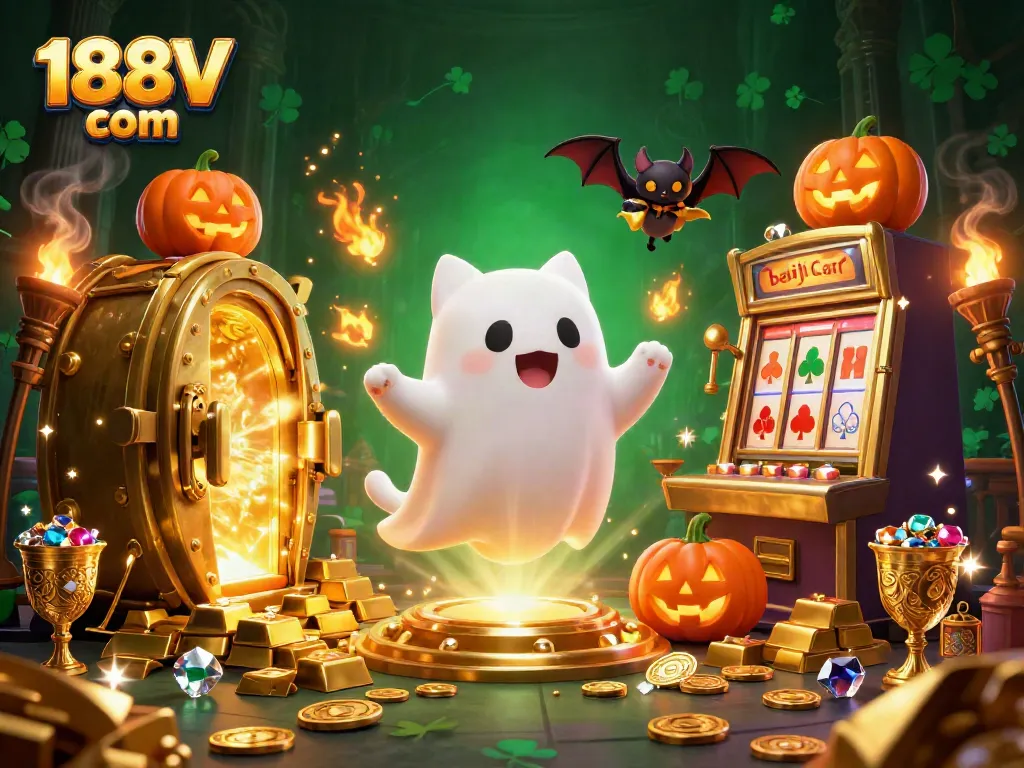 Experience thrilling moments at 188V com with a ghost cat in a magical casino setting lighting up treasures.