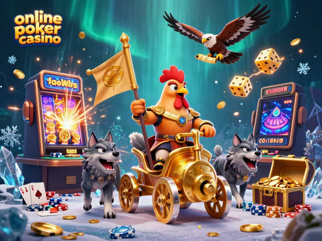 Experience the excitement of online poker casino with a dynamic 3D illustration featuring a battle-ready rooster and poker elements.