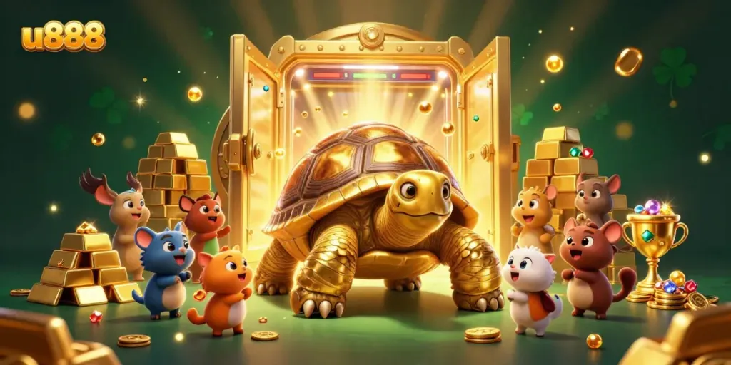 Win big with u888: A vibrant illustration of casino excitement featuring a golden tortoise pinball and treasures.