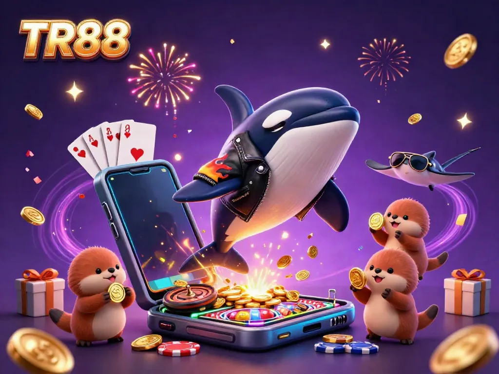 Engaging TR88 online casino illustration featuring animated sea creatures celebrating with coins and casino elements.