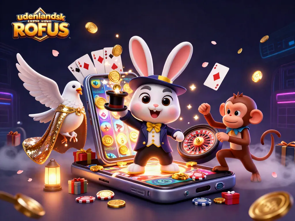 Win big at udenlandsk casino uden ROFUS with a magical 3D scene of vibrant characters and casino elements.