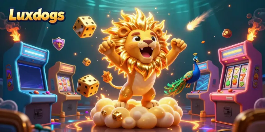 Experience Luxdogs excitement with vibrant golden casino elements in a roaring scene.