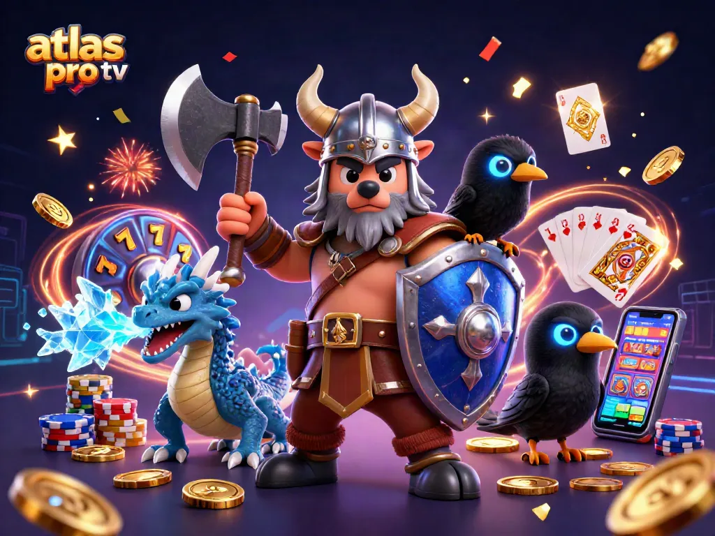Atlas Pro TV : Viking et dragon luttent ensemble autour des jeux de casino avec des éléments scintillants.
