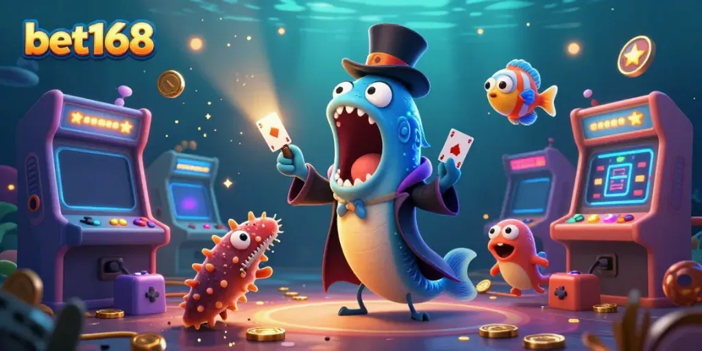 Engaging scene of the bet168 fantasy deep-sea casino, featuring a bioluminescent eel magician performing card tricks as sea creatures surround colorful gaming elements.