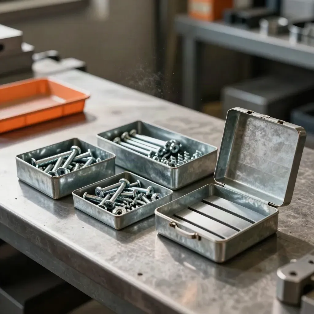 Trois kits d’atelier en acier zingué avec boîtes ouvertes et bac de pièces.