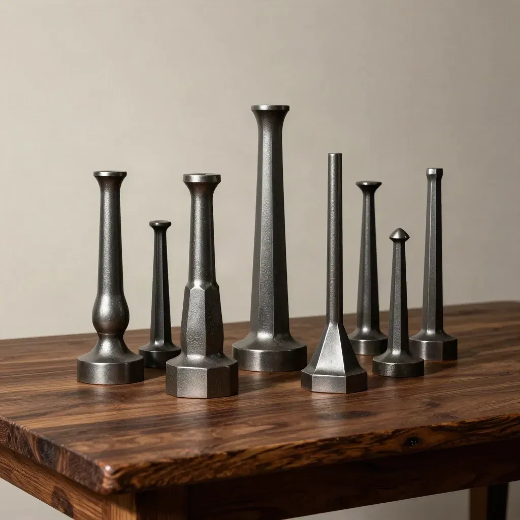 Axes épaulés, bague et entretoise sur établi bois, lumière douce et fond clair.
