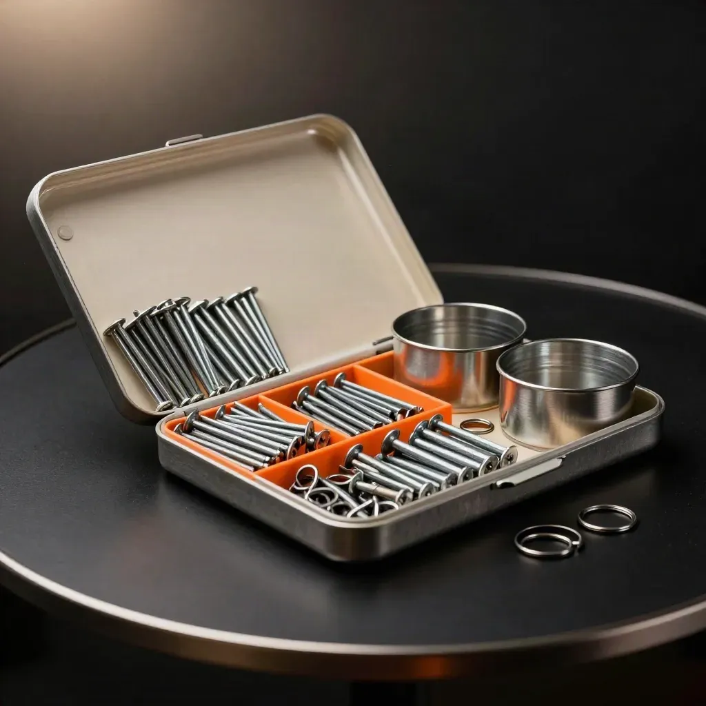 Coffret atelier ouvert de goupilles zinguées avec insert orange sur fond noir.