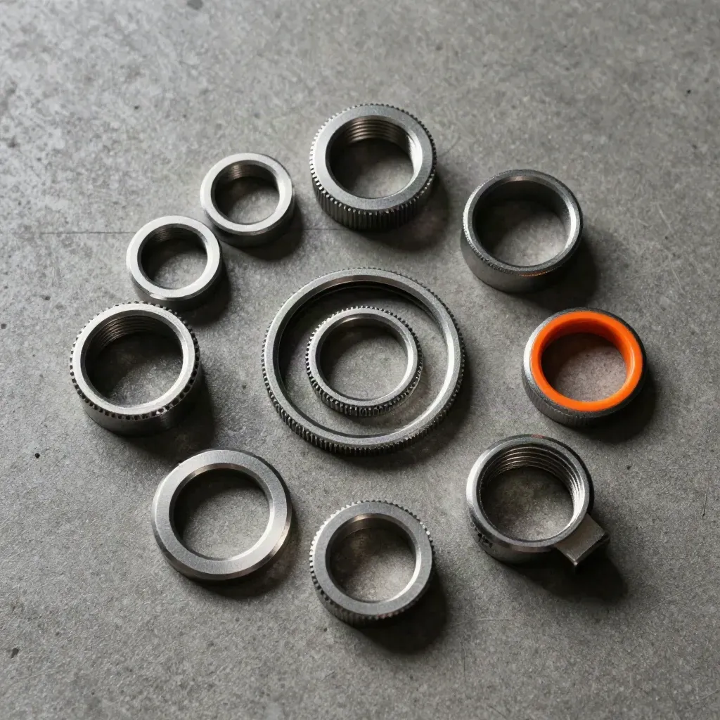 Vue de dessus de bagues d’arrêt à vis alignées en spirale sur béton sombre, accent orange sécurité.