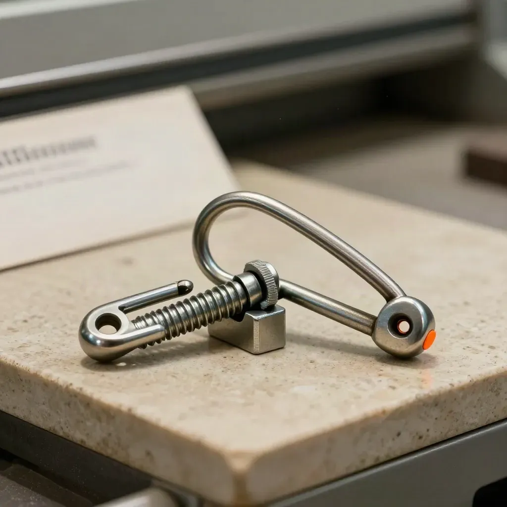Goupilles de sécurité ouvertes, collier de fixation et support métal sur pierre claire.