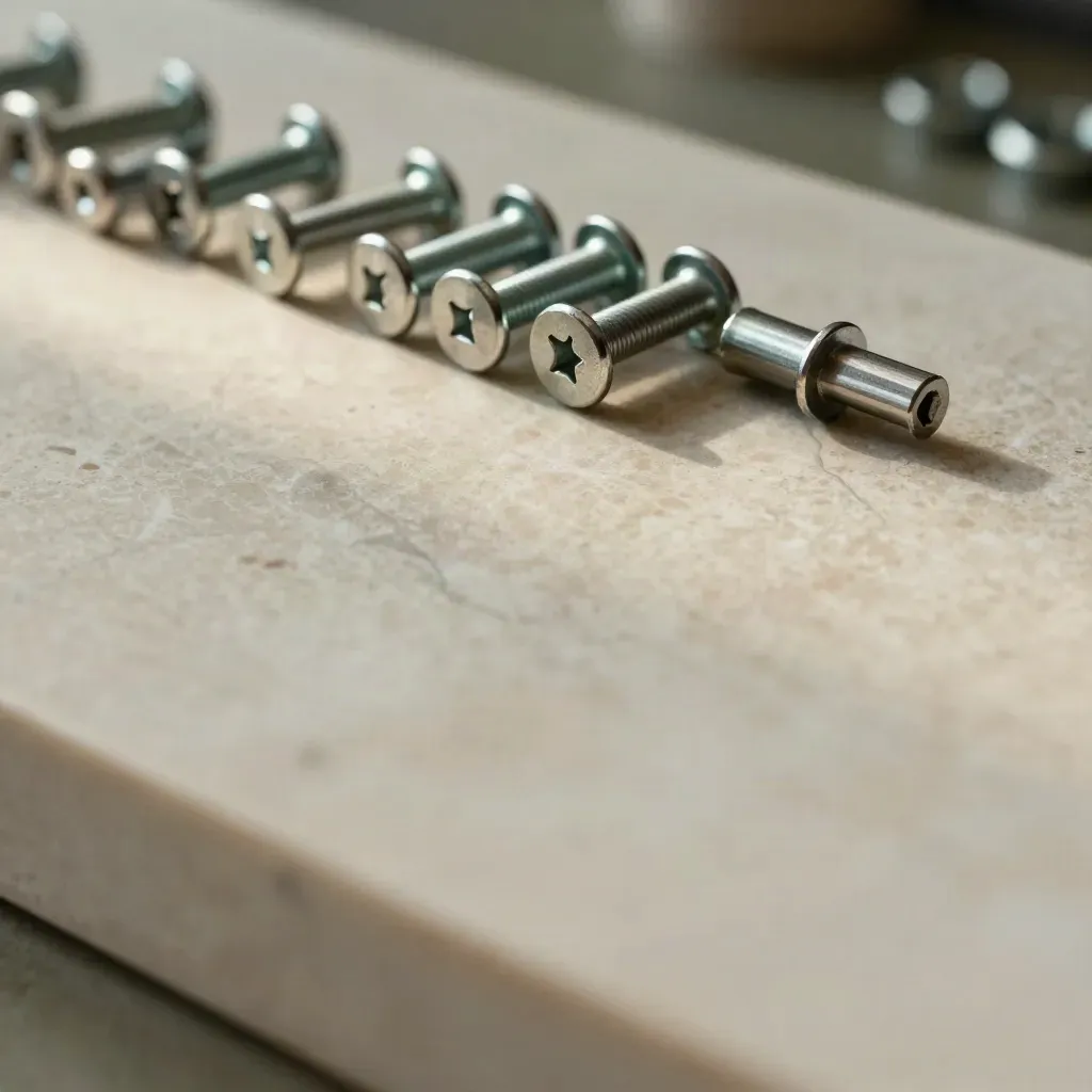 Dalle de marbre chaud avec une ligne floue de pièces techniques en acier au loin.