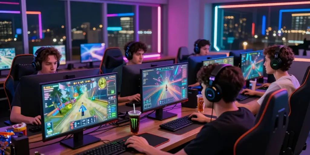 Kompetisi seru di dunia gaming online tisu4d dengan teman-teman dalam ruangan modern berhiaskan lampu LED.