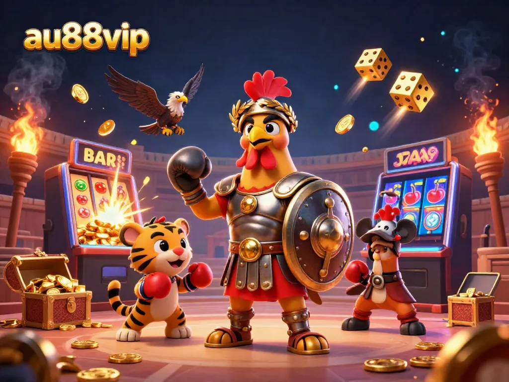 Engage in exhilarating gaming at au88vip with a dynamic 3D illustration featuring a gladiator rooster, jackpot elements, and thrilling atmosphere.