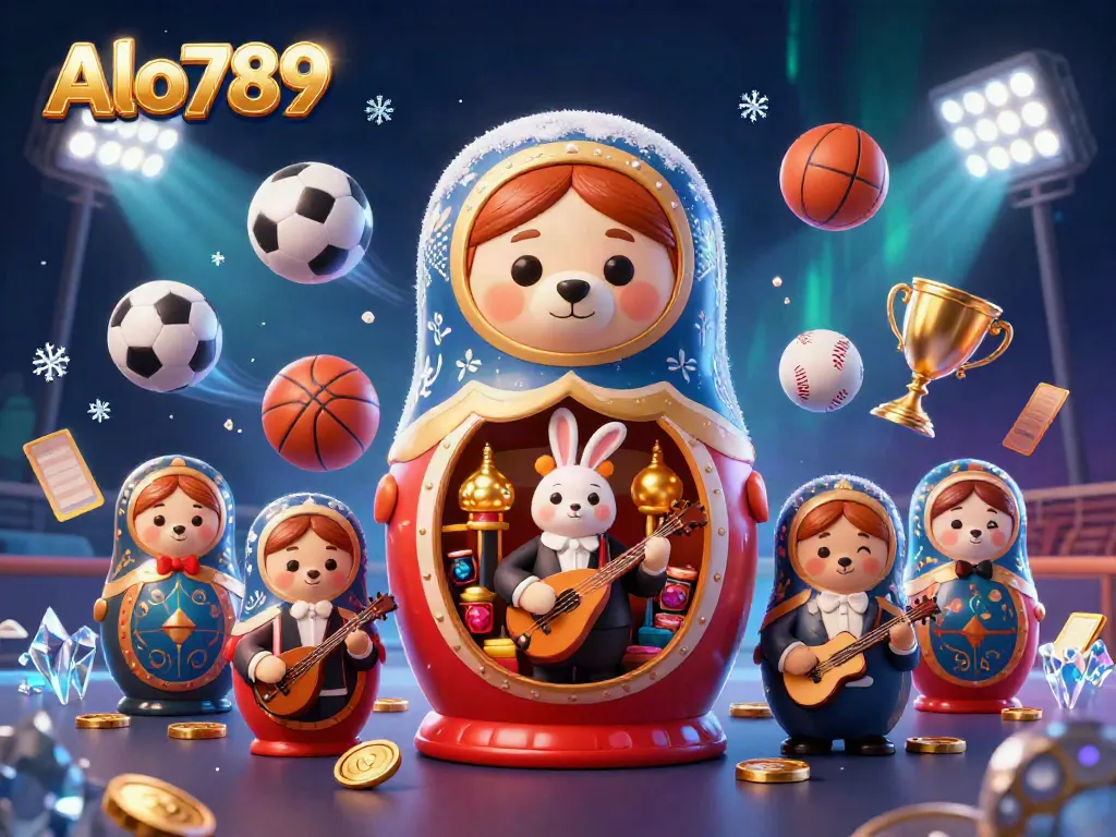 Alo789 showcases a vibrant 3D scene with cartoon characters in a casino environment, featuring dynamic sports elements and rich colors.