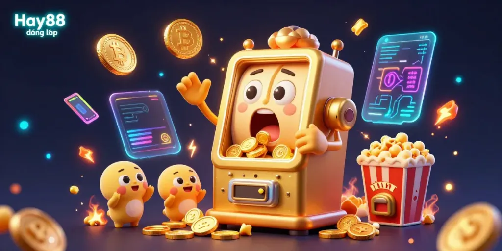 Experience the excitement of Hay88 đăng nhập as a golden slot machine wins, surrounded by cheering baby slots and gold coins.