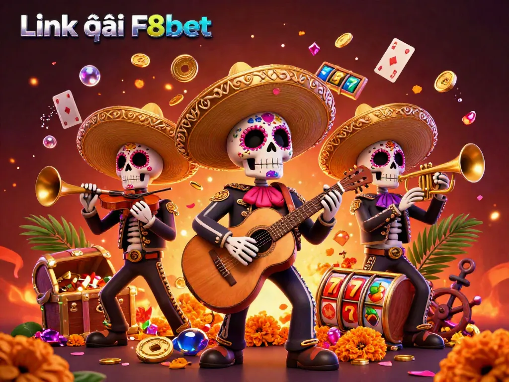 Experience the vibrant celebration of gambling with Link vào F8bet in this colorful Day of the Dead themed casino illustration.
