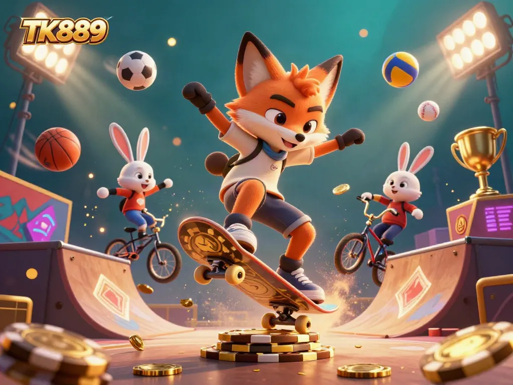 Experience the dynamic fun of TK889 with a skateboarder fox and BMX-riding rabbit in a vibrant casino-themed scene.