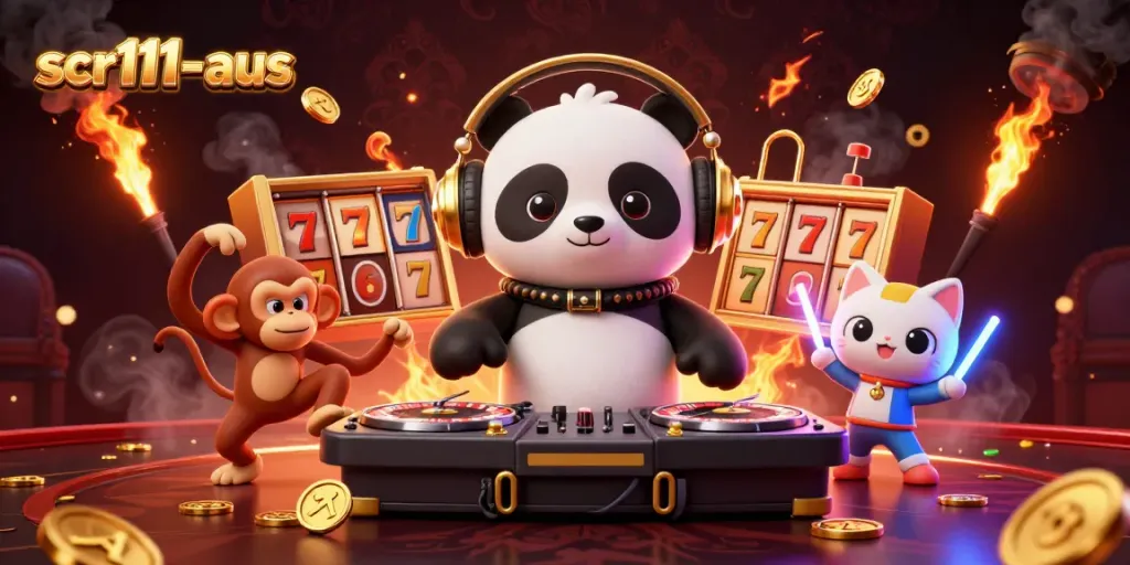 Experience the thrill of scr111-aus with a DJ panda, dancing monkey, and rave kitten in a vibrant casino.