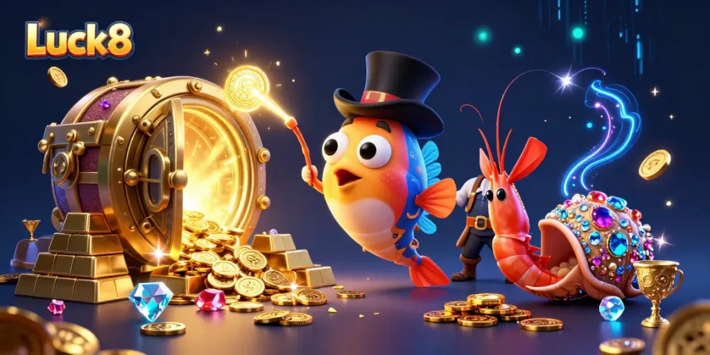 Experience the thrill of Luck8's underwater treasure with animated characters and glowing jewels.
