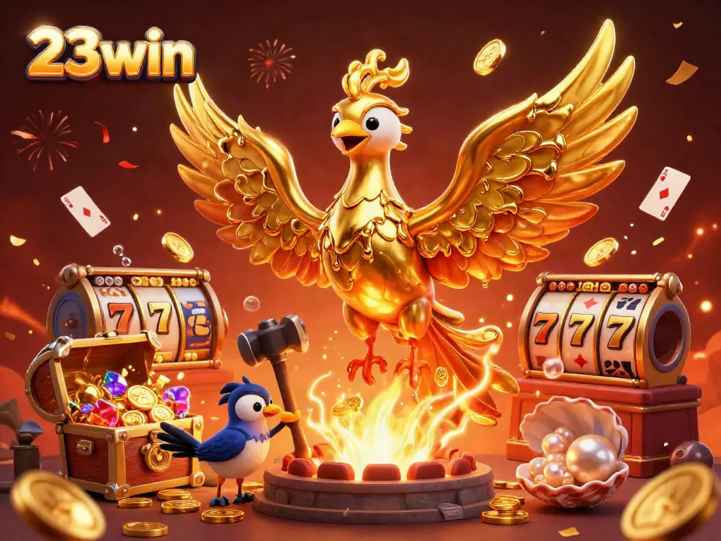 Experience the excitement of 23win with a golden phoenix emerging from a treasure-filled scene.